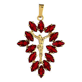 Pingente crucifixo metal zamak com cristais vermelhos e Corpo de Jesus dourado