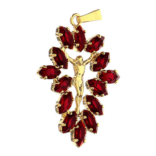 Pingente crucifixo metal zamak com cristais vermelhos e Corpo de Jesus dourado 3