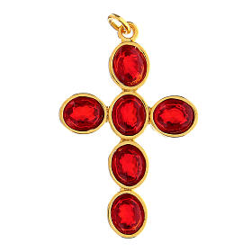 Pingente cruz zamak dourado com cristais ovalados vermelhos
