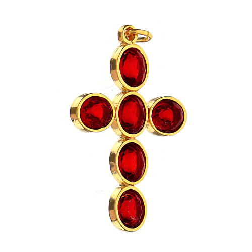 Pingente cruz zamak dourado com cristais ovalados vermelhos 3