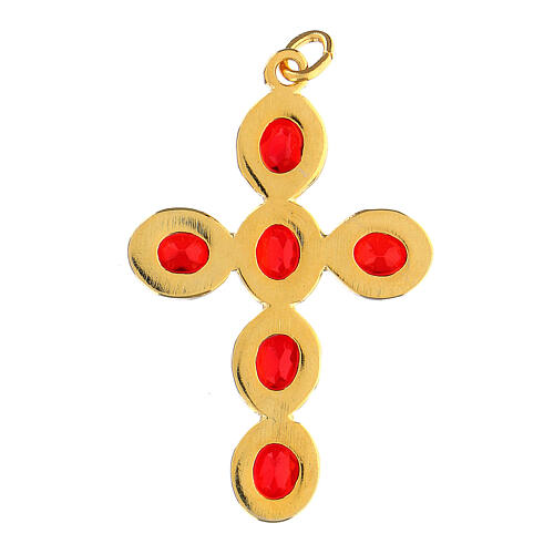 Pingente cruz zamak dourado com cristais ovalados vermelhos 5