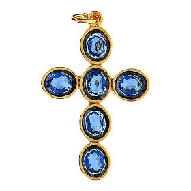 Cross-shaped pendant with zamak settings and blue oval crystals