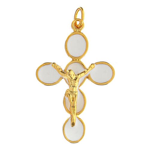 Gold plated zamak cross with white enamel and body of Christ 1