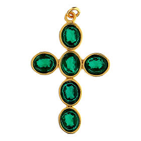 Kreuz-Anhänger, Zamak vergoldet, mit ovalen grünen durchscheinenden Kristallen