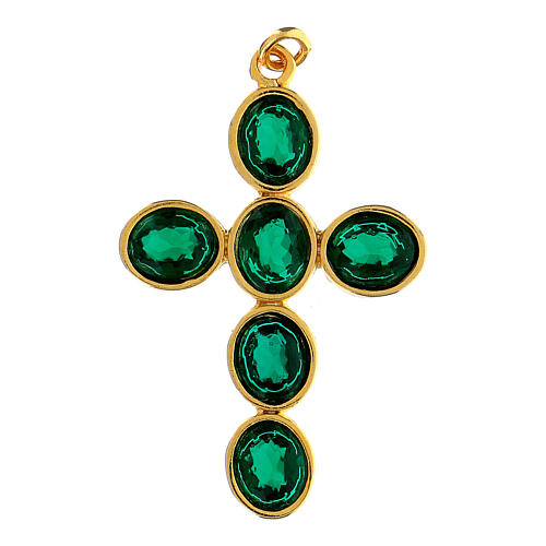 Kreuz-Anhänger, Zamak vergoldet, mit ovalen grünen durchscheinenden Kristallen 1