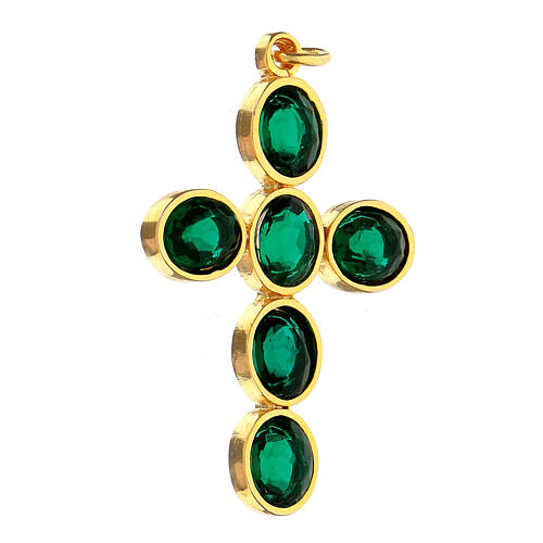Kreuz-Anhänger, Zamak vergoldet, mit ovalen grünen durchscheinenden Kristallen 3