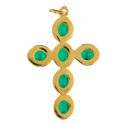 Golden zamak pendant cross with green crystal oval stones 5