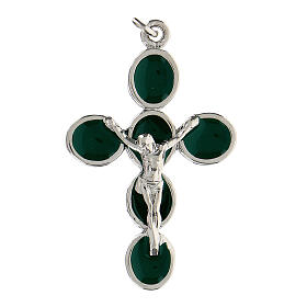 Cross pendant, green enamel and zamak body of Christ, white bronze finish