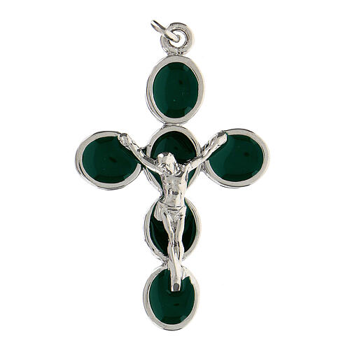 Cross pendant, green enamel and zamak body of Christ, white bronze finish 1