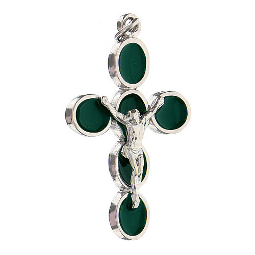 Cross pendant, green enamel and zamak body of Christ, white bronze finish 3