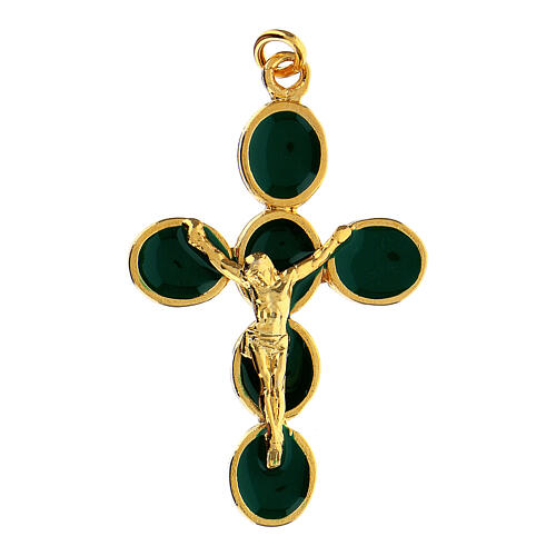 Gold plated zamak cross with green enamel and body of Christ 1