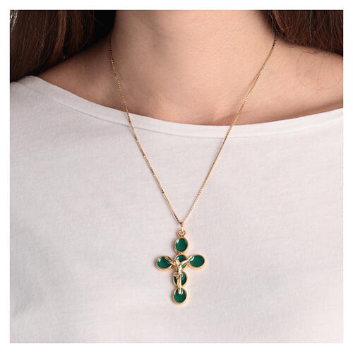 Gold plated zamak cross with green enamel and body of Christ 2