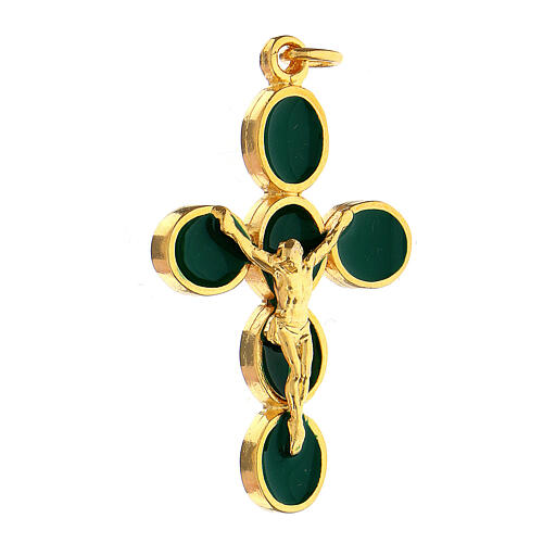 Gold plated zamak cross with green enamel and body of Christ 3
