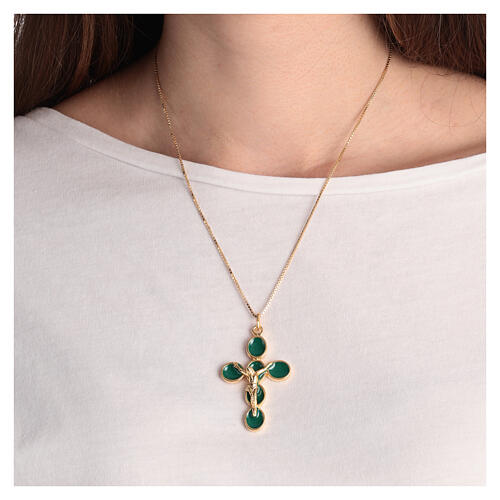 Golden zamak pendant cross Christ with green enamel  2