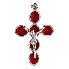 Cross pendant, red enamel and zamak body of Christ, white bronze finish