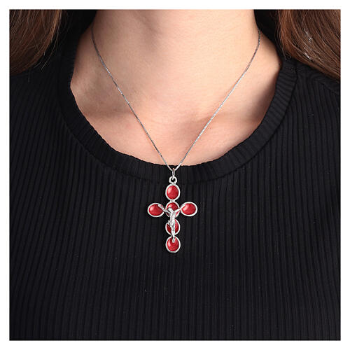 Cross pendant, red enamel and zamak body of Christ, white bronze finish 2