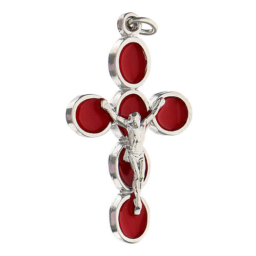 Cross pendant, red enamel and zamak body of Christ, white bronze finish 3