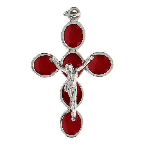 Krzyż zawieszka Chrystus, emalia czerwona i zamak brąz biały 1