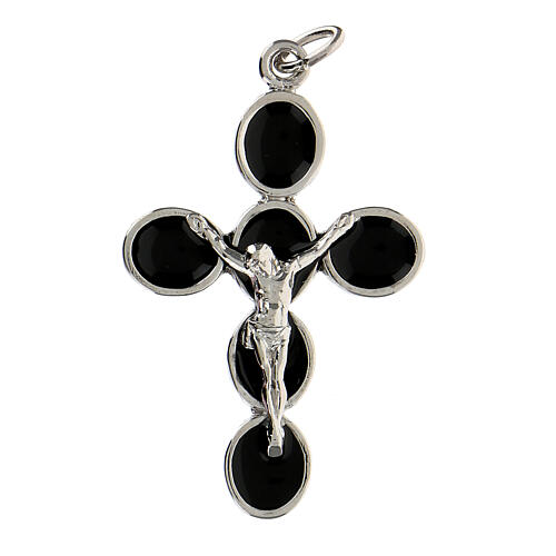 Pingente cruz zamak bronzeado branco esmalte preto Jesus Cristo 1