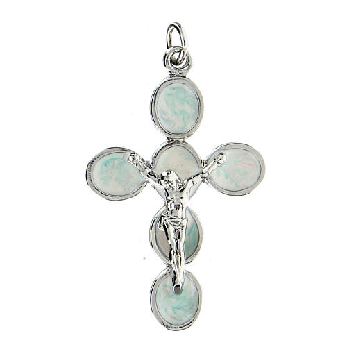 Cross pendant with pearly enamel and zamak body of Christ, white bronze finish 1
