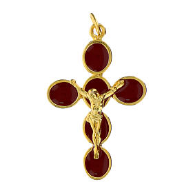 Cross pendant, burgundy enamel and zamak body of Christ, gold finish