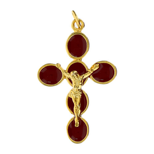 Cross pendant, burgundy enamel and zamak body of Christ, gold finish 1