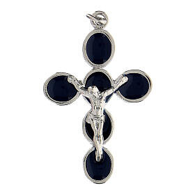 Cross pendant, blue enamel and zamak body of Christ, white bronze finish