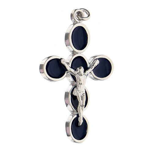 Pendentif croix émail bleu Christ zamak finition bronze blanc 3