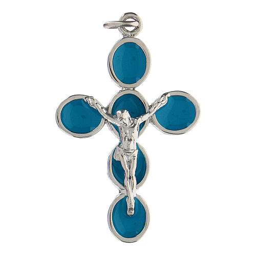 Croix émail turquoise Christ zamak finition bronze blanc 1