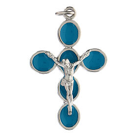 Pingente cruz zamak bronzeado branco esmalte azul-turquesa Jesus Cristo