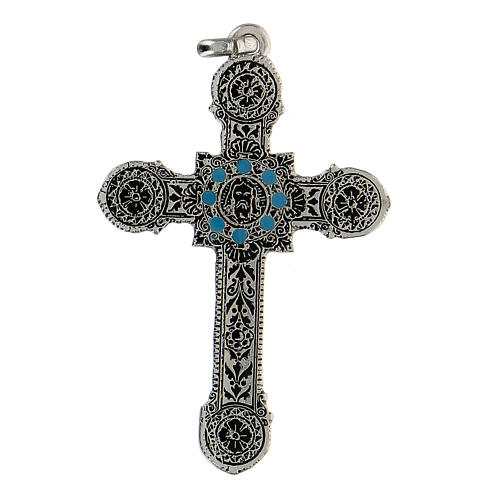 Croix décorée émail bleu Christ zamak finition bronze blanc 1