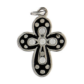 Zamak cross with black enamel and crystal strass, polished white bronze finish