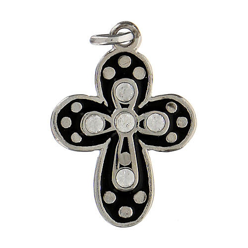 Zamak cross with black enamel and crystal strass, polished white bronze finish 1