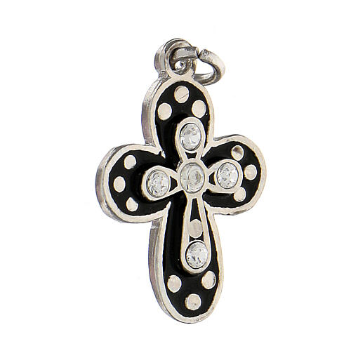 Zamak cross with black enamel and crystal strass, polished white bronze finish 3