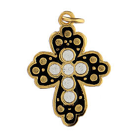 Gold plated zamak budded cross with black enamel and crystal strass