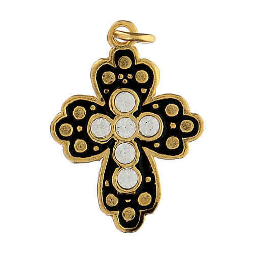 Gold plated zamak budded cross with black enamel and crystal strass 1