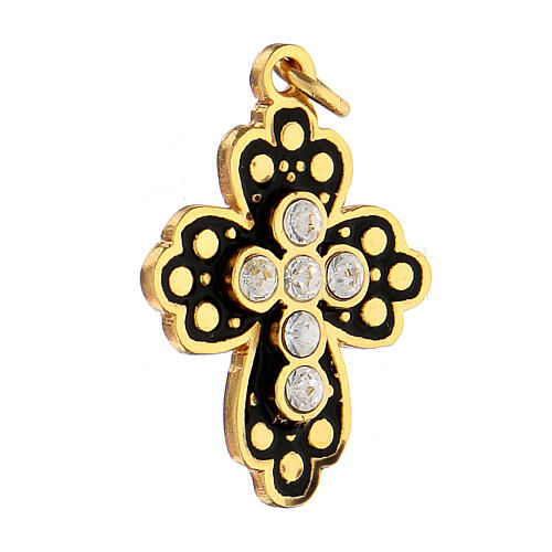 Gold plated zamak budded cross with black enamel and crystal strass 3