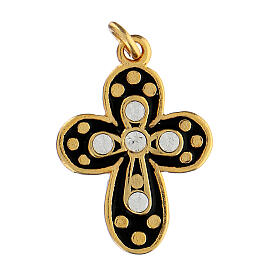 Gold plated zamak cross with black enamel and crystal strass