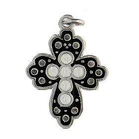 Zamak budded cross with black enamel and crystal strass, polished white bronze finish