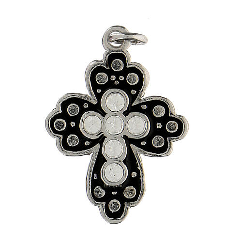 Zamak budded cross with black enamel and crystal strass, polished white bronze finish 1