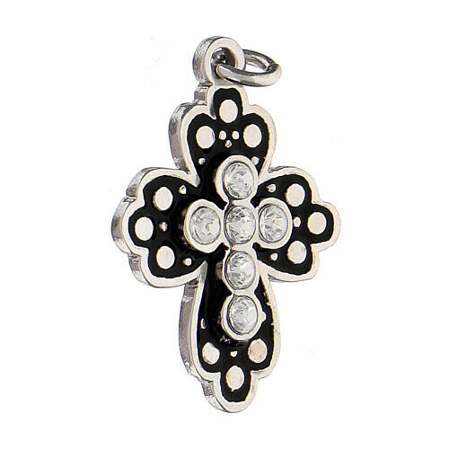Zamak budded cross with black enamel and crystal strass, polished white bronze finish 3