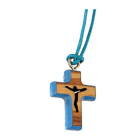 Olive wood cross pendant, blue border 2 cm