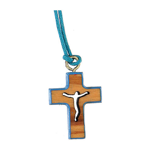 Olive wood cross pendant, blue border 2 cm 1