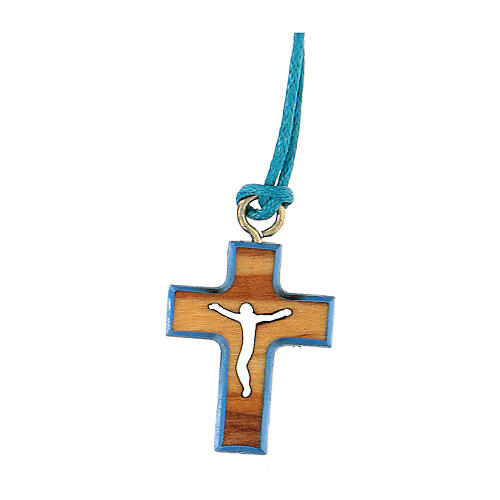 Olive wood cross pendant, blue border 2 cm 3