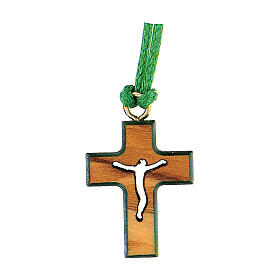 Olive wood cross pendant, green border 2 cm