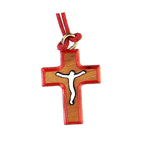 Olive wood cross pendant, red border 2 cm