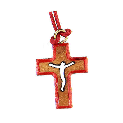 Olive wood cross pendant, red border 2 cm 1