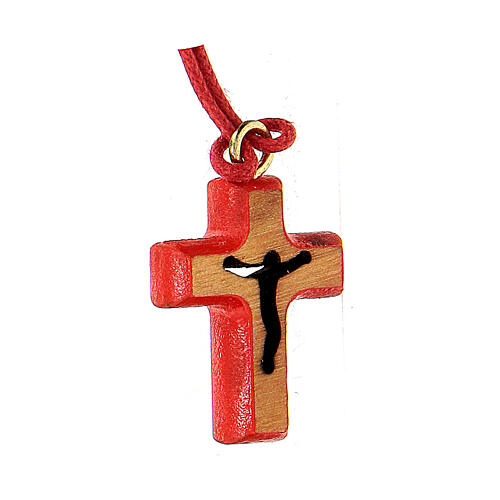 Olive wood cross pendant, red border 2 cm 2