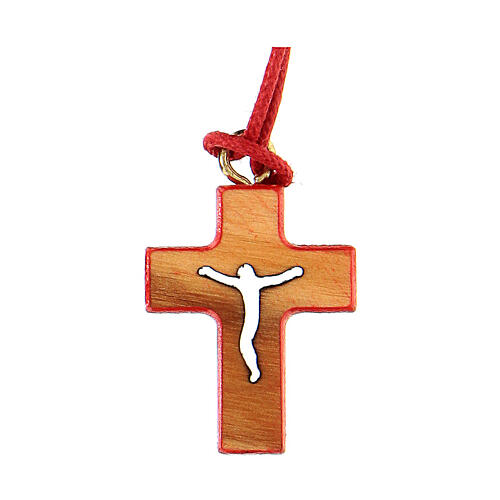 Olive wood cross pendant, red border 2 cm 3
