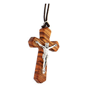 Olive wood cross pendant with metal body of Christ 4 cm
